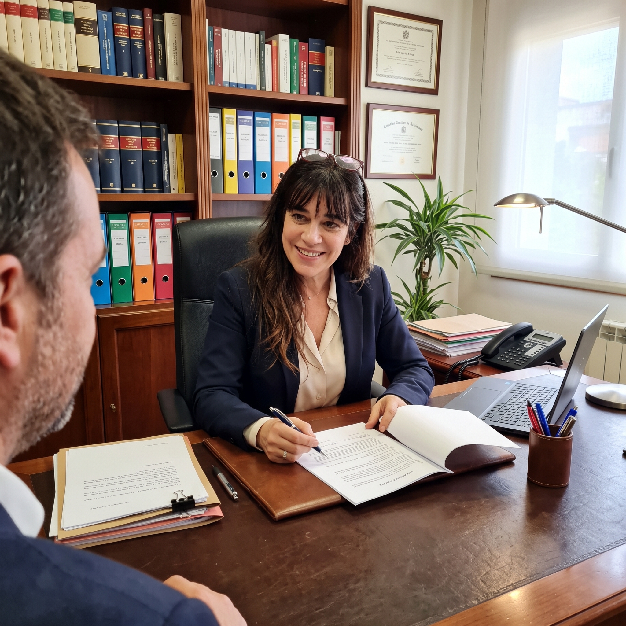 La Paola Abelli revisa documentació amb un client al despatx